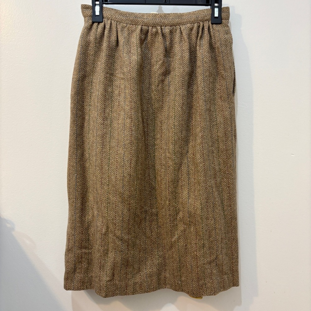 Vintage Wool Silk Pleated Button Skirt High Waste Midi Academia Preppy Tweed - Picture 8 of 10